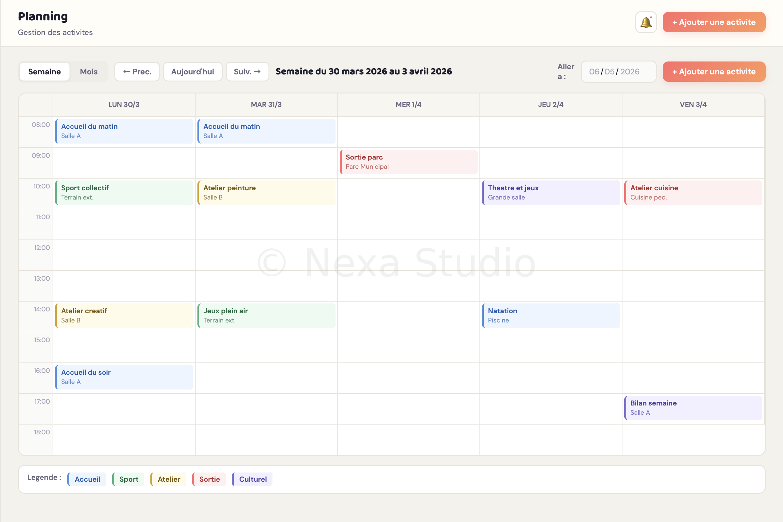 Planning des activités (MOIS)