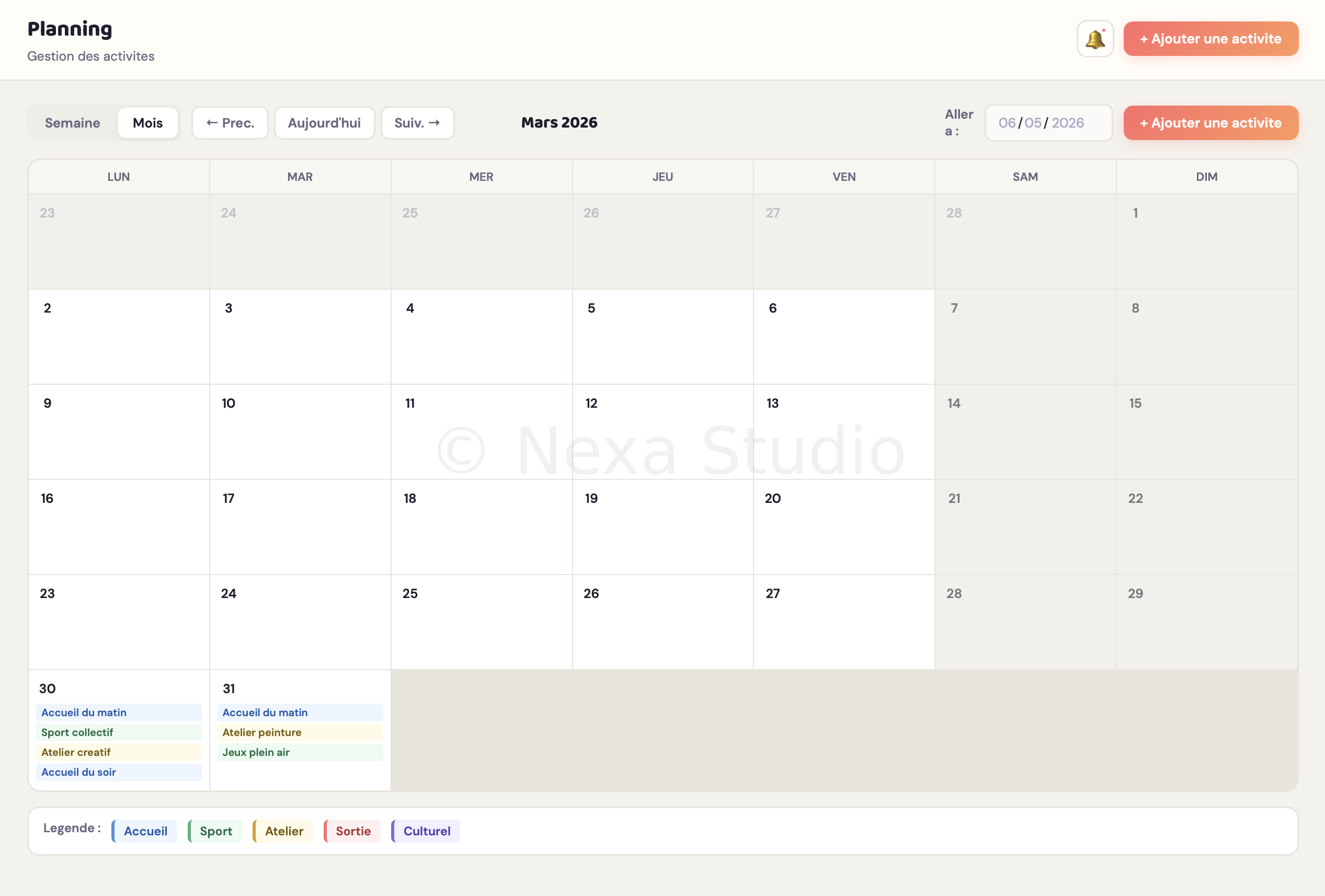 Planning des activités (SEMAINE)
